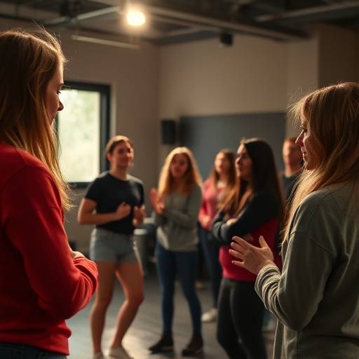 Alunos em uma aula de atuaäão realizando um exercício