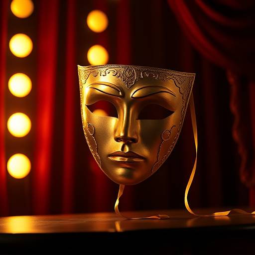 Máscara teatral dourada sobre um palco iluminado