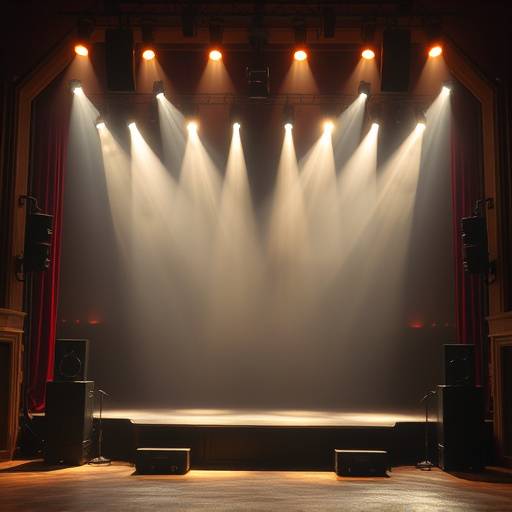 Palco de teatro com iluminaäão cênica e equipamentos de som.