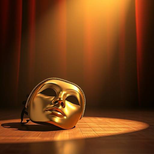 Uma máscara teatral dourada repousa sobre um palco iluminado, simbolizando a arte da atuaäão.